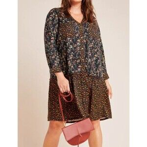 Maeve Anthropologie Marlie Button Front Tunic Dress Floral Drop Waist Boho 14